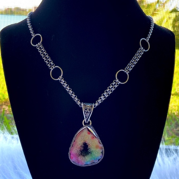 925 silver Rainbow solar quartz + steel necklace - Picture 7 of 8